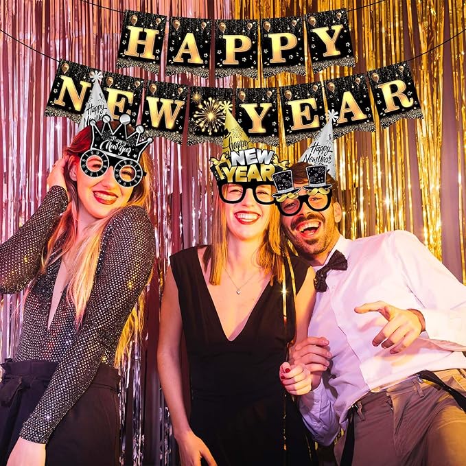 Happy New Year Party Supplies 2026, 49pcs New Years Party Favors Set Includes New Years Paper Hats, Headband, Eyeglasses, Blowouts, Banner for New Year's Eve Party