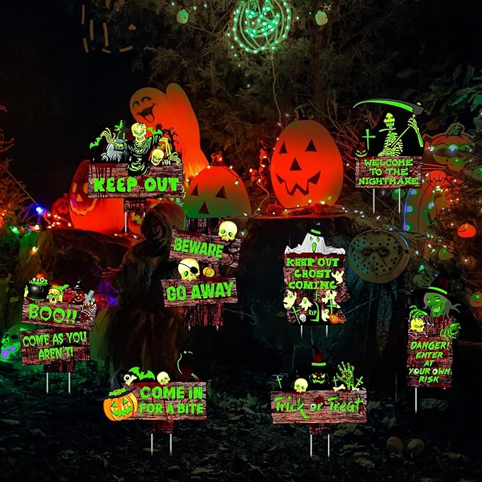 Jetec 8 Pcs Halloween Decorations Outdoor Glow in the Dark Beware Yard Signs Stakes Creepy Assorted Warning Sign Scary Zombie Theme Party Decor Supplies for Outdoor Lawn Yard Garden