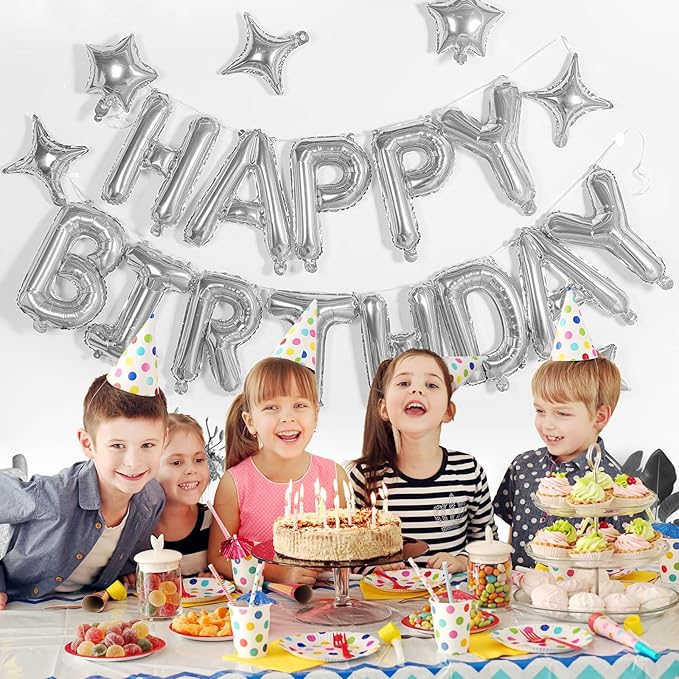 23 Pcs Happy Birthday Balloons Banner, 16 Inch Silver Balloons Mylar Foil Letter with 5pcs Star Balloons Kits for Kids Boys Men Women and Girls Birthday Party Decoration Supplies