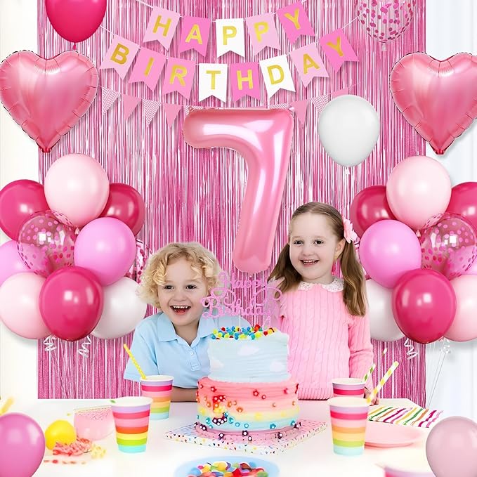 7th Birthday Decorations for Girls: Hot Pink Balloons, Happy Birthday Banner, Fringe Curtain, Cake Topper, Heart Balloons