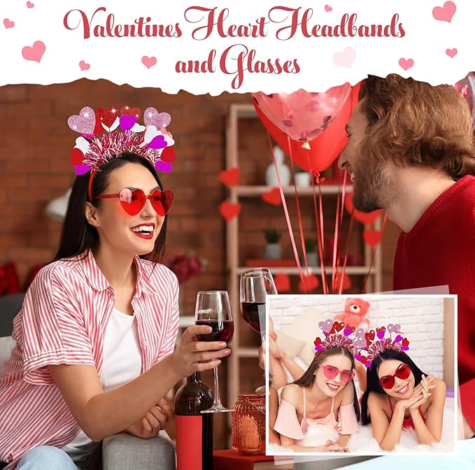 Jutom 24 Pieces Valentines Heart Headbands and Glasses Love Shaped Head Boppers Sunglasses for Adults Galentine's Supplies(Latest Style)