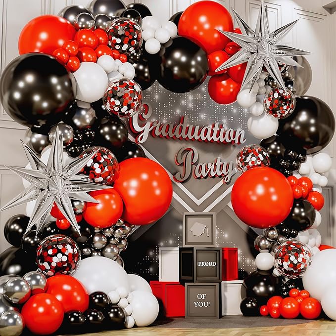 ALL-IN-1 Red Black and White Balloon Arch Kit for Red and Black Birthday Party Decorations – Reds and Blacks Balloons for White Black and Red Balloon Garland Kit – Graduation Black and Red Balloons