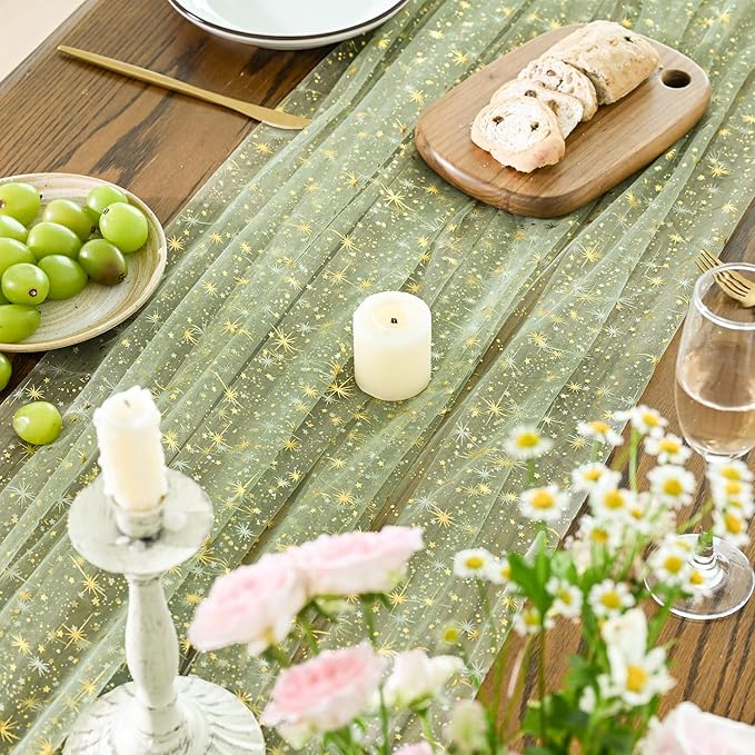 Horaldaily Sage Green Gold Sparkling Star Gauze Tablecloth 60x120 Inch Rectangular, Golden Star Sequin Glitter Metallic Foil, Sheer Tulle Cheesecloth for Wedding Baby Shower Party