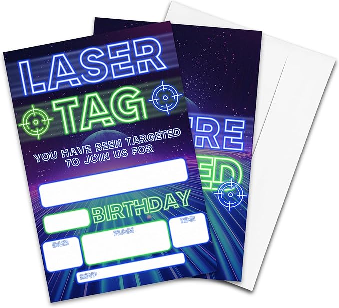 Laser Tag Birthday Party Invitations - You Have Been Targeted - 20-Pack of 4''x6'' Invite Cards with Envelopes, Double-Sided Fill In Birthday Party Celebrate Supplies & Decoration For Boys Teens - A08