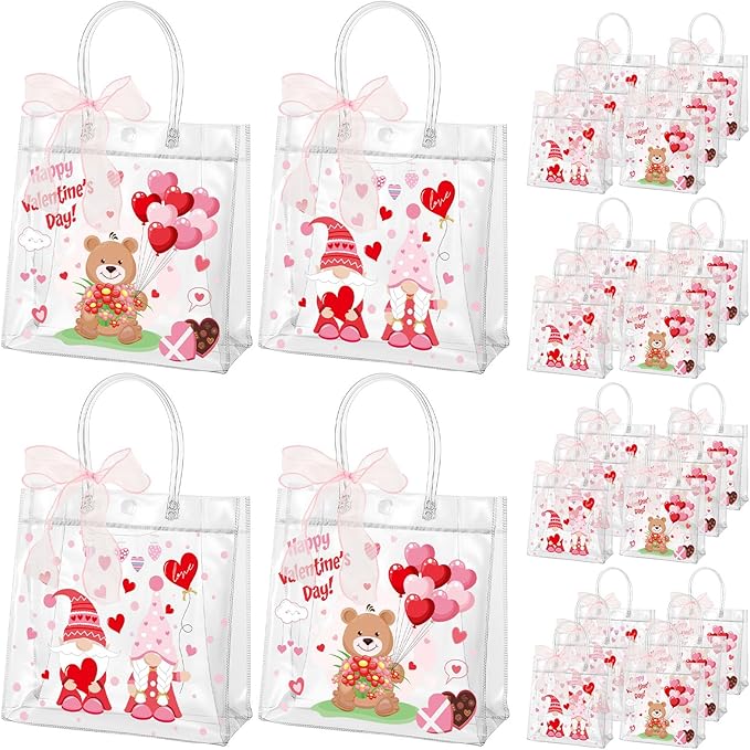 Henoyso 24 Pcs Valentines Clear Gift Bags Plastic Pink Candy Goodie Treat Bag Valentines Day Party PVC Totes with Handles Ribbon Galentines Day Party Favors, 7.8 x 7.8 x 3.1 Inches