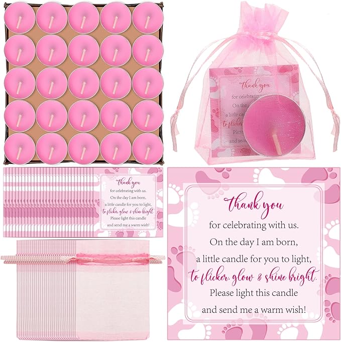 50 Sets Baby Shower Party Favors Including 50 Pcs Unscented Tealight Baby Shower Candles Gift Bags Cards for Gender Reveal Party Supplies(Pink)