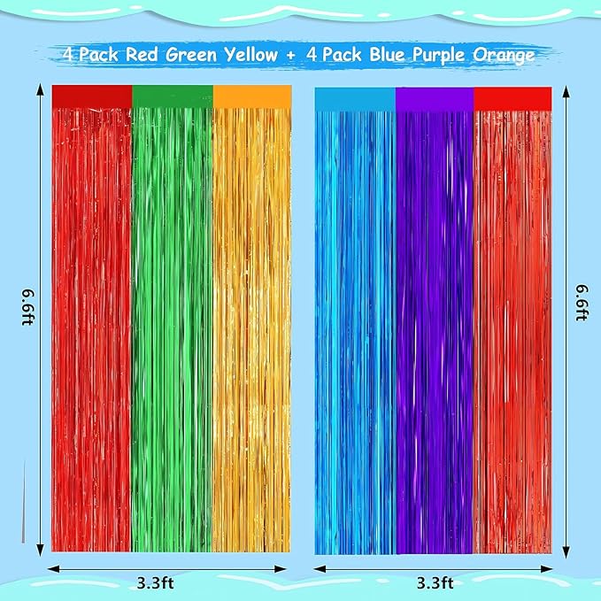 4 Pack Rainbow Foil Fringe Curtains, 3.3ft x 6.6ft Mexican Style Rainbow Streamer Curtain, Photo Booth Props Backdrop for Birthday Party, Christmas Decor, Mexican Cinco De Mayo Decorations
