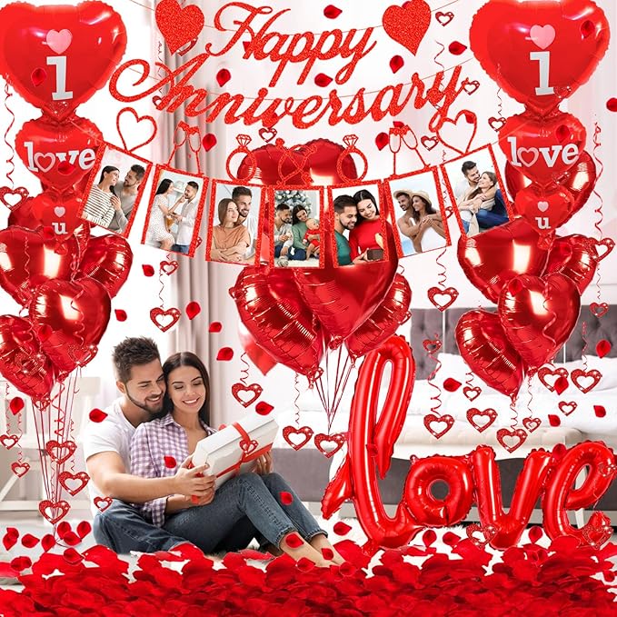 Happy Anniversary Decorations Set - Happy Anniversary Banner and Balloons, Photo Banner, I Love You and Red Heart Balloons with Rose Petals for Weddings, Valentine's Day and Anniversaries