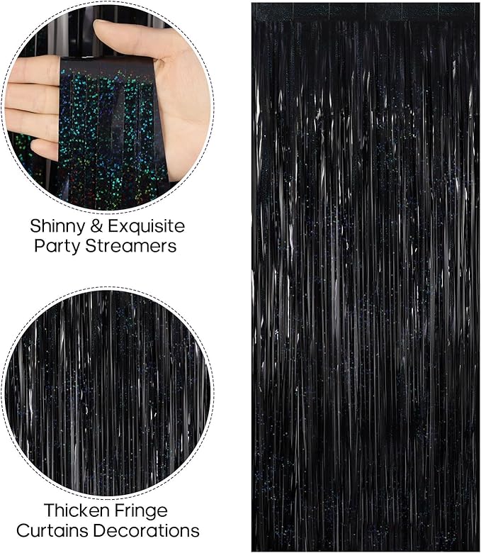 2 Pack Fringe Curtains Backdrops, Foil Fringe Curtains, Door Streamers for Birthday Wedding Bridal Shower Holiday Graduation Party Decorations, Photo Booth Backdrops, Glitter Black