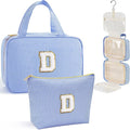 YOOLIFE Travel Toiletry Bag for Women - Hanging Toiletry Bag, Large Capacity Personalized Makeup Pouch, Travel Essentials - Letter D, Blue