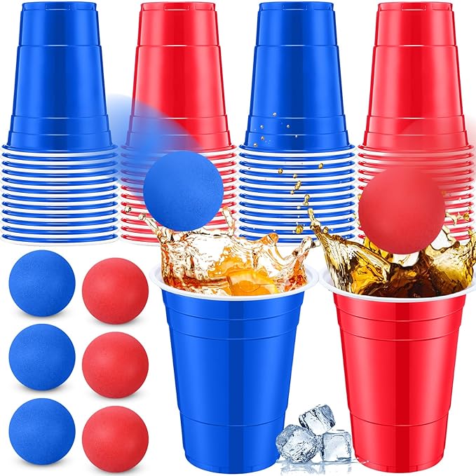 32 Pieces Veterans Day Party Supplies 24 Pcs Red Blue 16 oz Plastic Cup and 8 Pcs Ball Set for Party Game Independence Day Decorations
