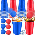32 Pieces Veterans Day Party Supplies 24 Pcs Red Blue 16 oz Plastic Cup and 8 Pcs Ball Set for Party Game Independence Day Decorations