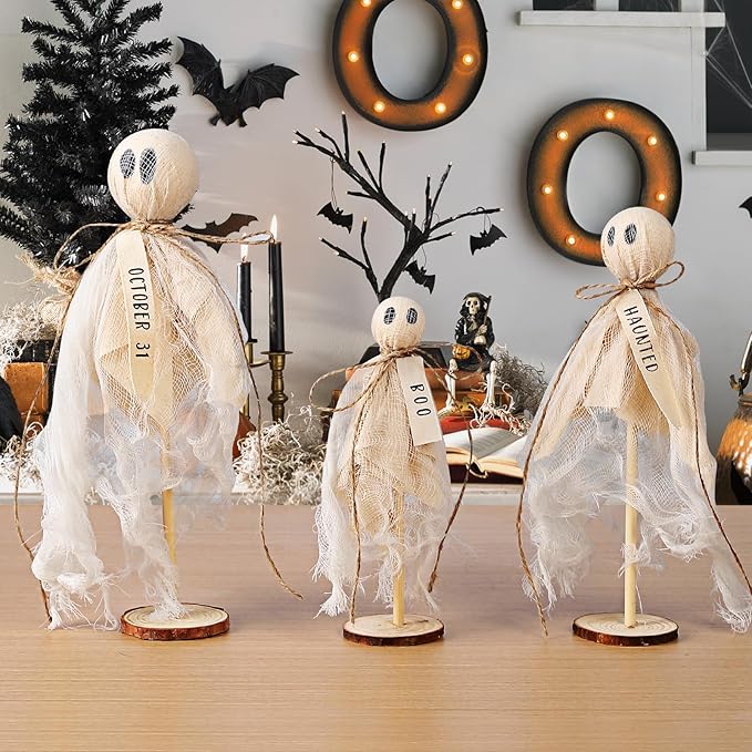 Summerween Decoration Halloween Decorations Indoor - 3 Set of Primitive Ghosts on Wooden Stand for Table Centerpieces Tiered Trays Shelves Mantels Home Halloween Décor