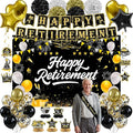 Retirement Party Decorations, Black Gold Happy Retirement Decorations for Women Men Happy Banner & Backdrop Hanging Swirls Foil Balloon Retire Sash Paper PomPoms and Honeycomb Centerpieces