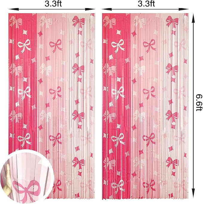 MYUPDALIN 2 Pack Pink Bow Foil Fringe Tinsel Backdrop Party Decorations for Bow Birthday Decoration Coquette Shower Wedding Girl Bows Theme Party Decor