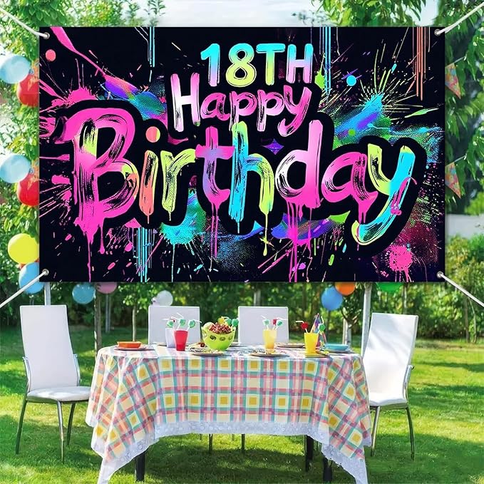 Neon 18th Happy Birthday Banner 71x43 Inch Glow in The Dark Party Backdrop Colorful Wall Decor for Adults Boys Girls Eighteenth Birthday Celebrations Photo Booth Props Event Supplies