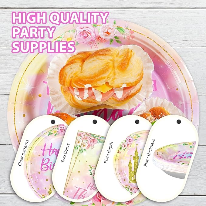 96 Pcs Princess 3rd Birthday Party Supplies Her Royal Threeness Party Plates and Napkins Watercolor Pastel Rainbow Castle Party Decorations for Girls Princess Three Years old Birthday Party Serves 24