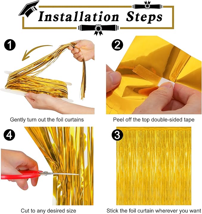 4 Pack 2026 Graduation Party Decorations, 3.28 x 7.05 Feet Gold Grad Curtains, Metallic Gold Backdrop Curtain Class of 2026 Backdrop Party Streamer, Congrad Backdrop Grad Decor 2026