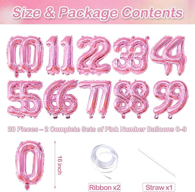 20 Pieces 2 Sets of 16 Inch Pink Number 0-9 Balloons – Foil Mylar Balloons for Custom Number Decorations, Birthday, Baby Shower, Anniversary, Graduation, New Year, Party Backdrops