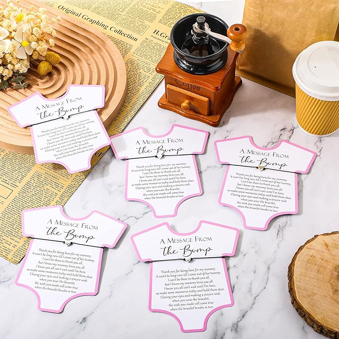 Henoyso 25 Sets Baby Shower Bracelets Adjustable Wish Bracelets Card Heart Charm Baby Shower Party Favor for Guest Gender Reveal Gifts(Pink)