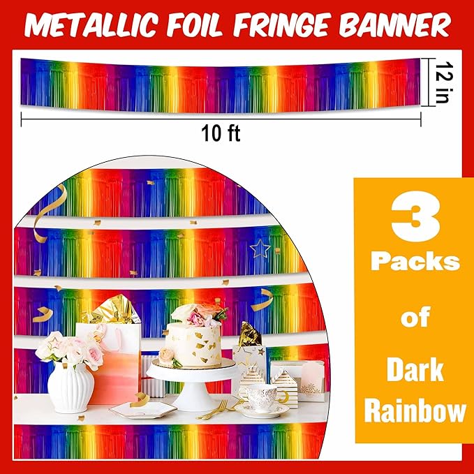 3 Pack 10 Ft Dark Rainbow Foil Fringe Garland Metallic Streamers Tinsel Banner Wall Hanging Garland Backdrop for Parade Floats, Halloween, Christmas, Thanksgiving, New Year Party Decorations