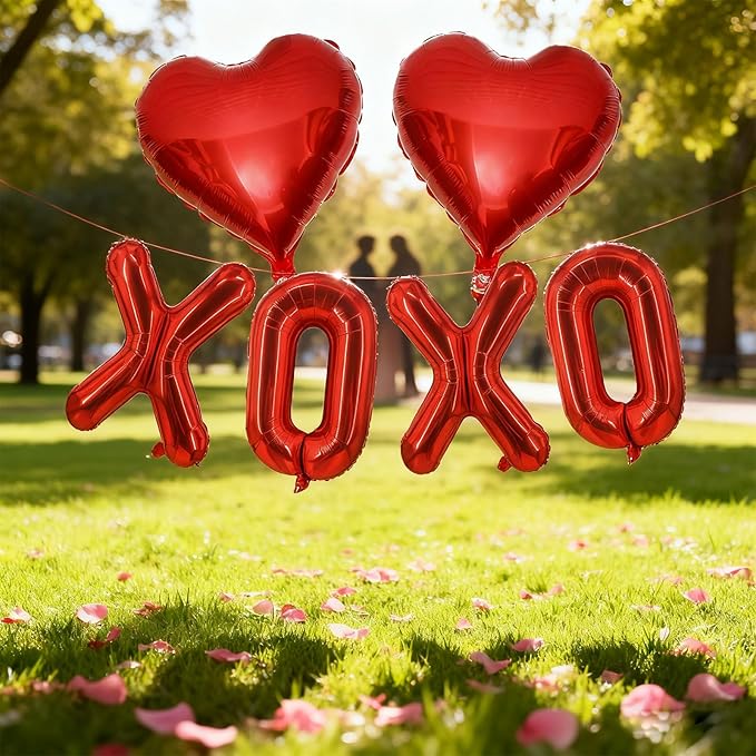 Valentines Day Balloons Decorations Red 6 Pcs 16 Inch - "XOXO" Letter + 2 Heart Balloons with Tape Straws Ribbonfor Romantic Wedding Indoor Valentines Day Decor Party Supplies