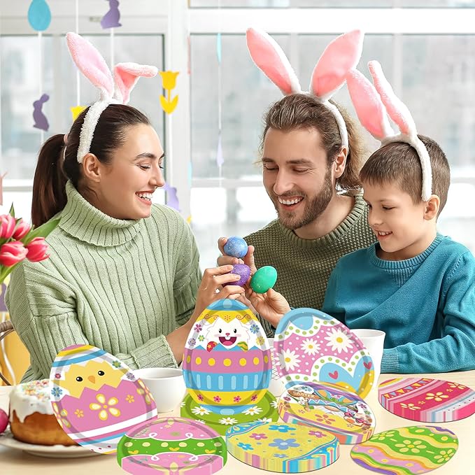 HAKOTI Easter Egg Tableware - 60 Pcs Bunny Egg Shaped Plates & Napkins Set for Happy Easter Dinnerware & Party Decorations