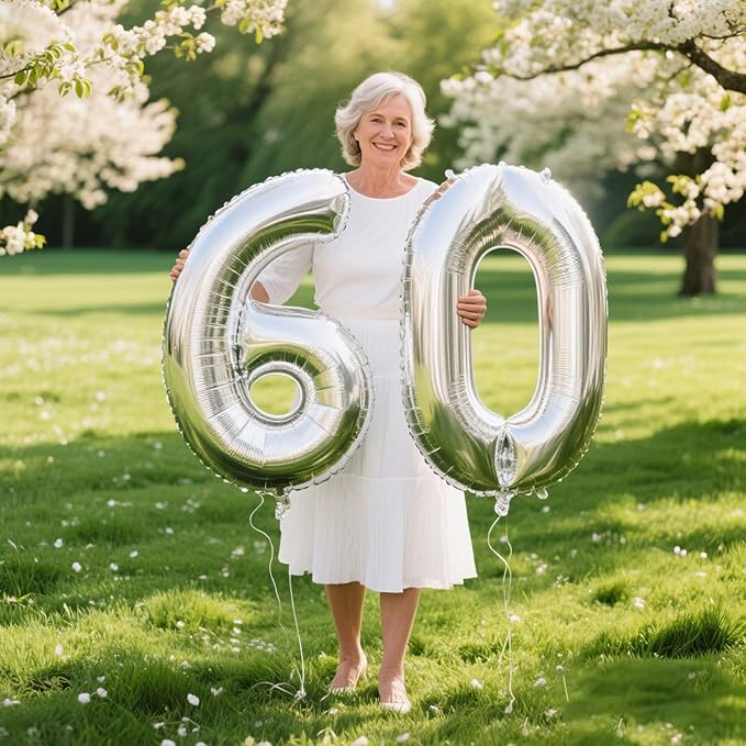40 Inch Silver Number 60 Digital Balloon,Jumbo Mylar Foil Helium Balloon for 60 Balloons for Birthday Party,Wedding Anniversary Party Decorations