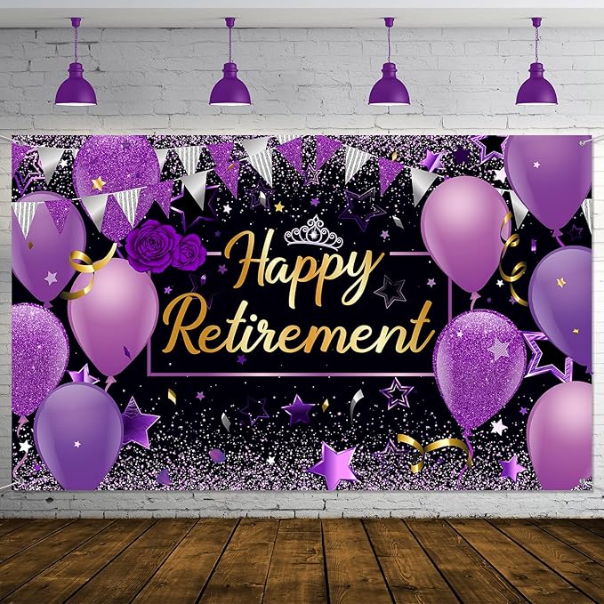 Blulu Retirement Party Decorations, Extra Large Fabric Retire Sign Banner Photo Booth Backdrop Background with Rope for Retirement Party Favor(72.8 x 43.3 Inches,Purple and Black)