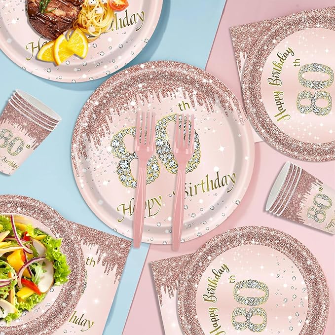 121Pcs 80th Birthday Party Supplies Plates Napkins Cups Forks Tablecloth Rose Gold Happy 80th Birthday Themed Disposable Tableware Decorations Serves 24 Guests for Women 80 Years