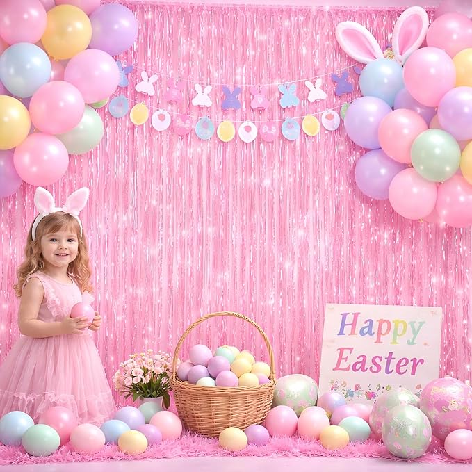 Melsan Pink Foil Fringe Curtains Easter Decorations for Home – 3 Pack 3.2 x 8.2 ft Shiny Tinsel Backdrop for Bachelorette Party, Disco Y2K Decorations, Girls Birthday & Photo Booth Backdrop