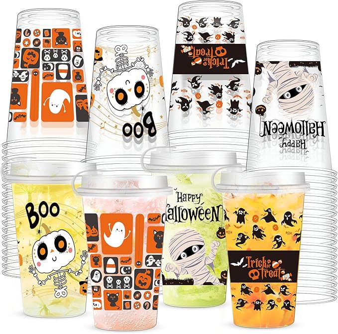 50 Pcs Halloween Plastic Cups 16oz Disposable Clear Drinking Cup with Lids,4 Style Patterns for Hot and Cold Drinks, Coffee, Beer, Drinks, Ice Cream, Trick or Treat Halloween Party Decoration Supplies