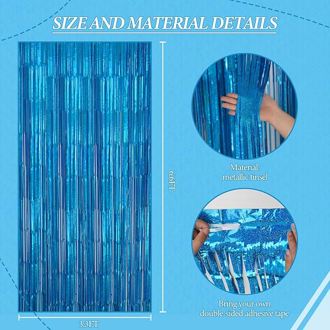 2 Pack Foil Fringe Backdrop - Laser Blue Shiny Tinsel Curtains for Party Decoration/Photo Booth Props - 3.3x6.6 FT Metallic Foil Backdrop for Birthday, Wedding, Graduation, Christmas.