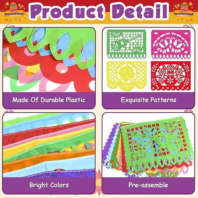 OHOME Cinco De Mayo Decorations - Papel Picado Banner Streams | Mexican Theme Birthday Backdrop Flag Para Fiesta Party Decorations for Taco Accessories Decor Party Favors Supplies