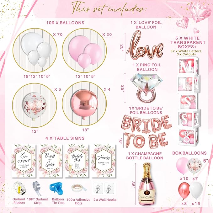 188 pc Pink Bridal Shower Decorations - Includes Balloon Arch & Boxes with A-Z Letters & More - Bachelorette Party Decorations and Wedding Shower