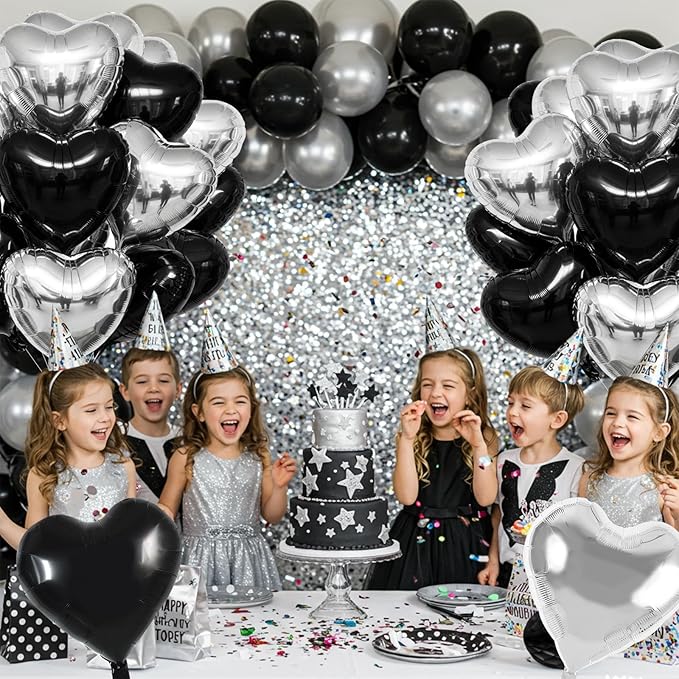 TONIFUL 30Pcs 18 Inch Black Silver Balloons Black Silver Heart Shape Foil Mylar Banners Decoration for Birthday Valentine's Day Wedding Bridal Shower Anniversary Engagement Party Supplies
