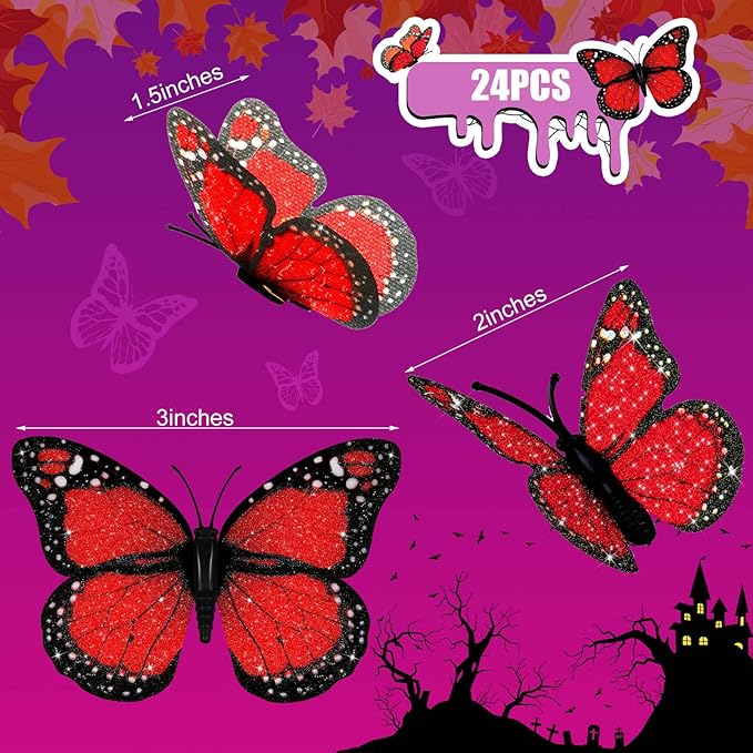 Waydress 24 Pieces Halloween Monarch Butterfly Decorations 3 Size Artificial Monarch Butterflies Wall Decor 3D Butterfly Wing Wall Art with Wire for Fall Wedding Home Bedroom Decorations(Red)