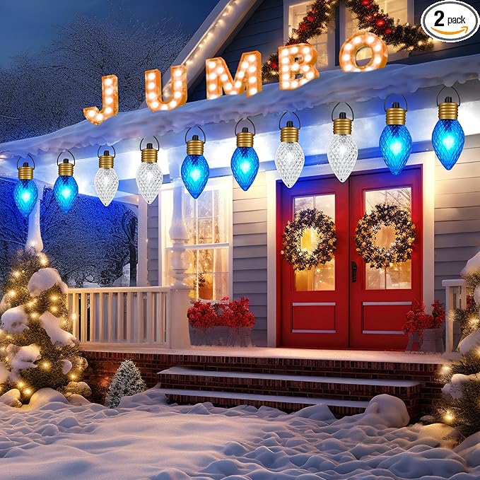 Brightown 2 Pack Jumbo Christmas Pathway Lights Outdoor - 10.5 Feet 5 LED C9 Walkway Light, Covered Jumbo Strawberry Bulb Decorations for Lawn Outside, Blue ＆ White