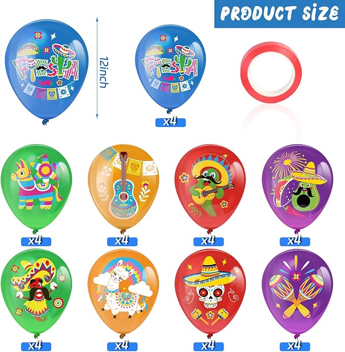 HOWAF 36pcs Mexican Fiesta Party Balloons,Cinco De Mayo Latex Balloons for Taco Bout A Party Decorations,Taco Party Balloons for Mexican Carnivals Festivals Wedding Birthday Baby Shower Supplies
