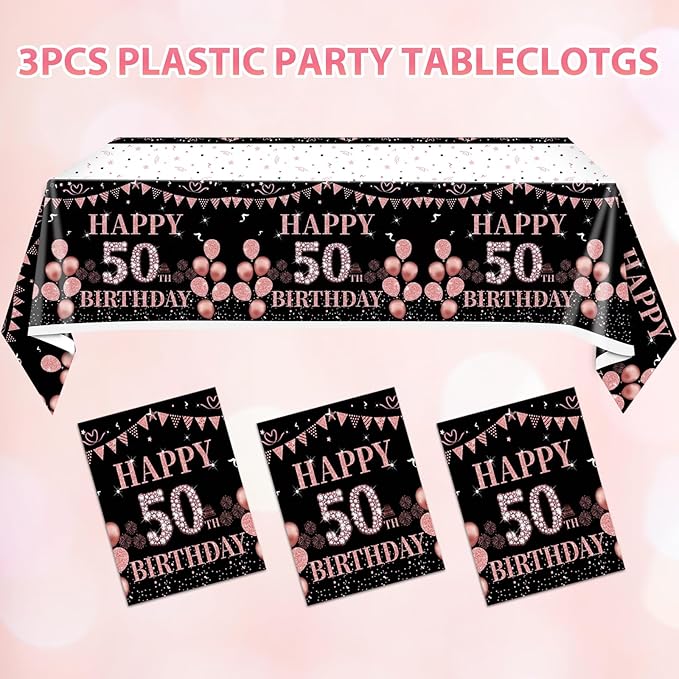 3 PCS Happy 50th Birthday Tablecloth Decorations Black and Rose Gold Theme Tablecloth Plastic Disposable Table Decorations for Women Birthday Anniversary Celebration Party Supplies