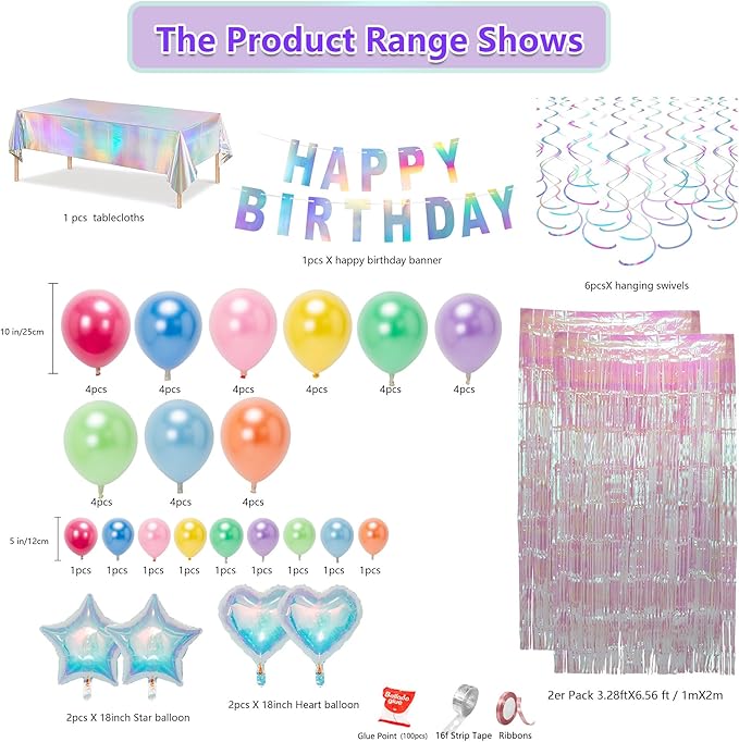 Birthday Decorations Pearl Rainbow Balloon Arch Garland Kit Iridescent Disco Party Pastel Tablecloth Supply Fringe Sparkle Backdrop Decor