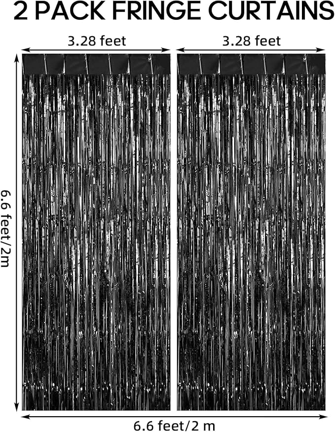 2 Pack Fringe Curtains Backdrops, Foil Fringe Curtains, Door Streamers for Birthday Wedding Bridal Shower Holiday Graduation Party Decorations, Photo Booth Backdrops, Black