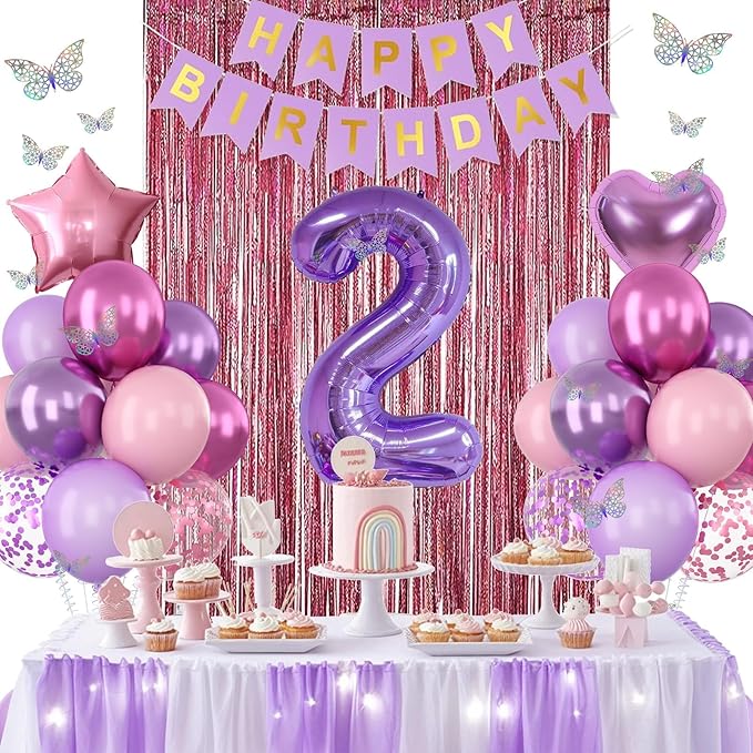 Pink Purple 2nd Birthday Party Decorations for Girls Number 2 Balloon Happy Birthday Banner Butterfly Stickers Fringe Curtain Paper Pom Poms Metallic Hot Pink Star Foil Balloons Baby 2 Year Old Decor