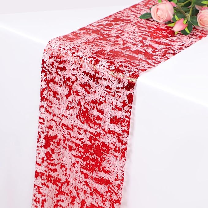 Snowkingdom 2 Pieces Red Table Runner, Sequin Glitter Metallic Foil Mesh Lace 11x108 Inches Centerpieces Decoration for Romantic Wedding Anniversary Birthday Hibachi Christmas Holiday Party