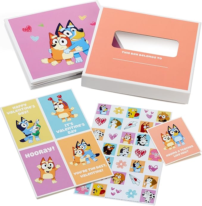 Hallmark Bluey Valentines Day Cards for Kids with Pop Up Mailbox for Classroom Exchange (1 Box, 32 Cards, 35 Stickers, 1 Teacher Card)