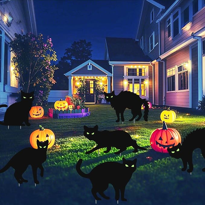 Halloween Decorations Outdoor Yard Signs,6Pcs Flordeluna Black Cat Halloween Yard Signs with Stakes, Scary Silhouette with Glow in Dark Eyes for Outdoor Yard Lawn Patio Garden Halloween Decor
