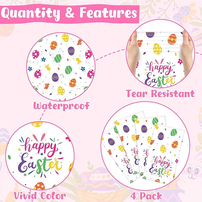 4 Pack Disposable Easter Tablecloth, 54 x 108 Inch Rectangular Easter Table Cloth, Spring Table Cloth with Colorful Eggs Floral Design, Happy Easter Tablecloths for Easter Decorations Holiday Decor