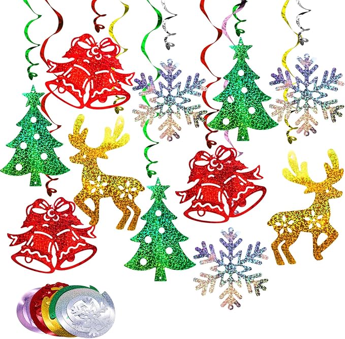 Christmas Hanging Swirls Decorations 30 Pack Sparkle Double Sided Red Green Party Merry Christmas Garland Foil Swirl Hanging Ceiling Ornaments Christmas Party Favors Xmas Holiday Party Decor Supplies