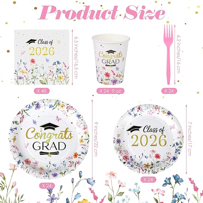 Kochorie 144 Pieces Class of 2026 Graduation Party Supplies, Congrats Grad Tableware Sets Including Disposable Paper Plates Napkins Cups Forks Serves 24 for Floral Graduation Party Decorations
