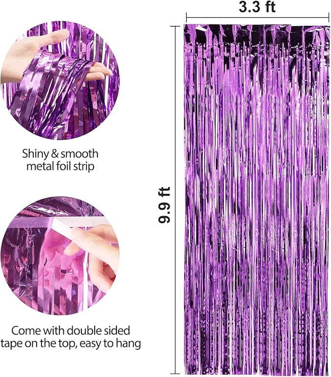 Crosize 2 Pack 3.3 x 9.9 ft Purple Foil Fringe Backdrop Curtain, Tinsel Curtain Streamers for Birthday Bachelorette Valentines Day Graduation Parties